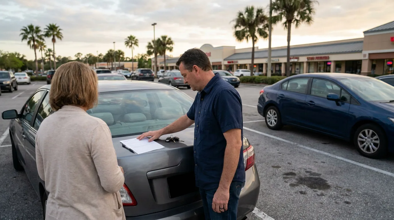 Florida Parking Lot Backing Accident Drivers Exchanging Information Man and woman reviewing document on car trunk in parking lot