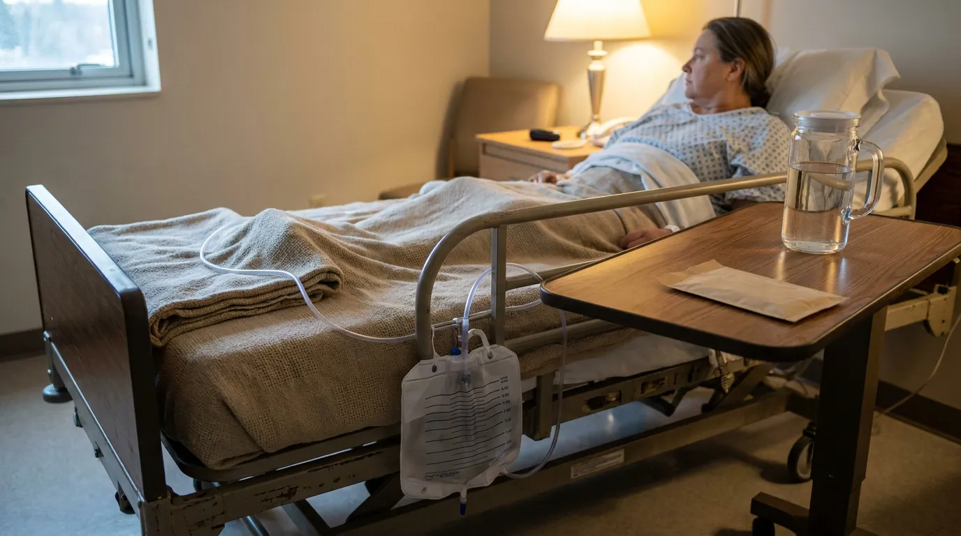 San Bernardino Patient Recovering From Gallbladder Surgery Injury patient in hospital bed with catheter bag and bedside water pitcher