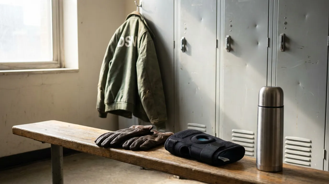 DSNY Sanitation Worker Locker Room In Brooklyn Work jacket, gloves, knee brace, and thermos on locker room bench
