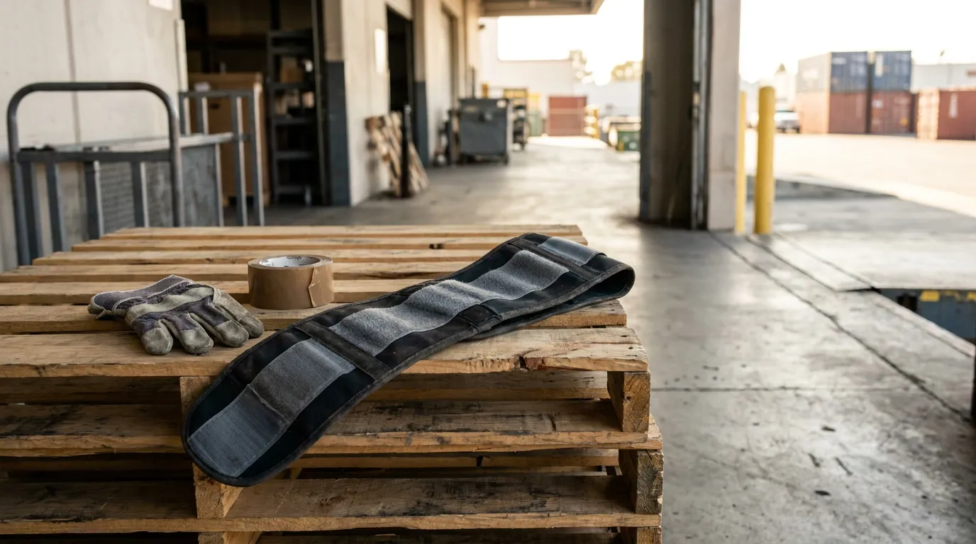 Back Brace San Bernardino Warehouse Work Injury Work gloves and back support belt resting on wooden pallets in warehouse
