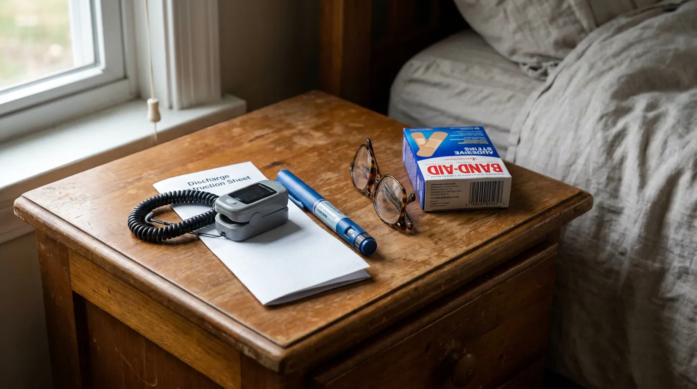San Bernardino ER Discharge After Missed Pulmonary Embolism Discharge instruction sheet, pulse oximeter, and Band-Aid box on nightstand