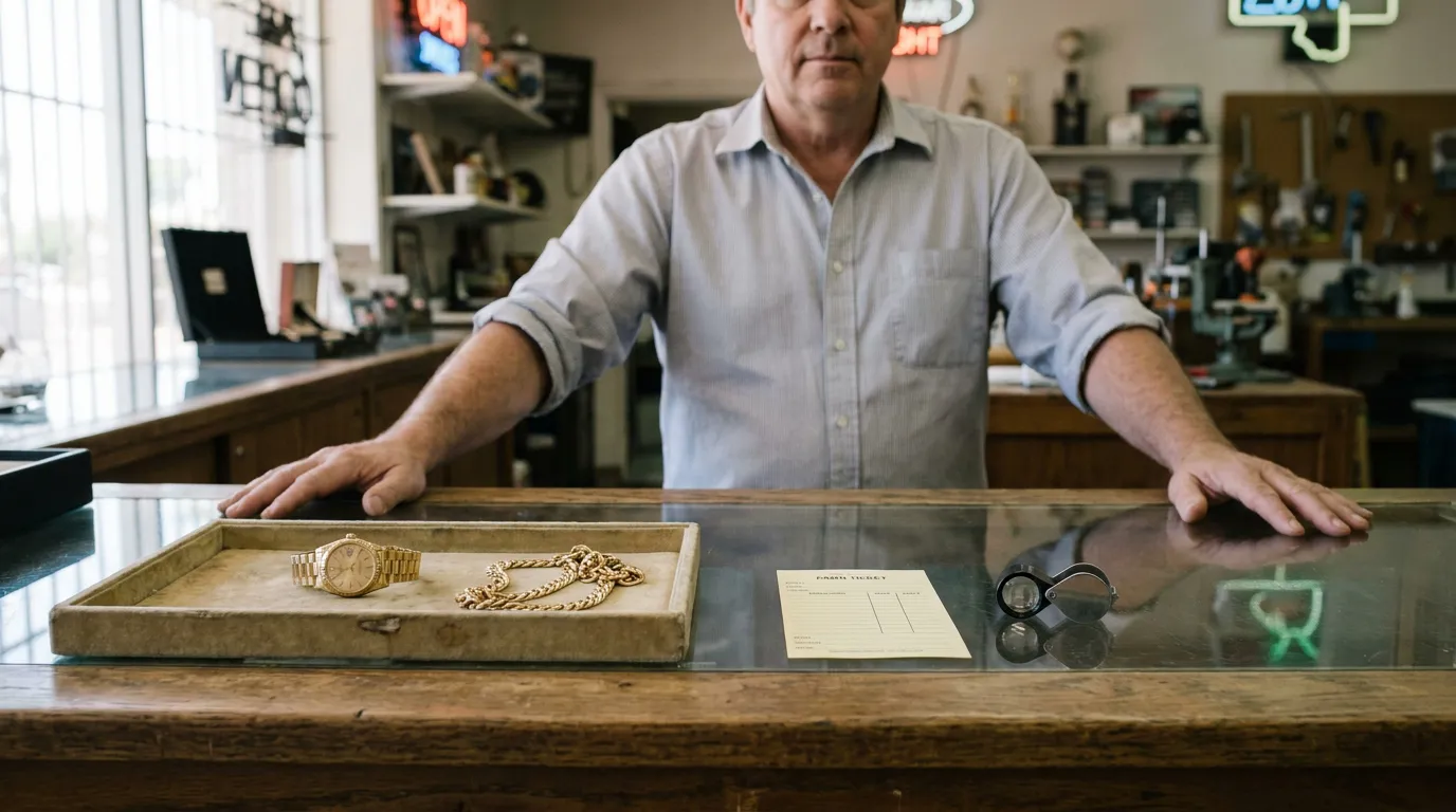 Las Vegas Pawn Shop Selling Marital Assets Pawn shop counter displaying gold watch, chain, loupe, and pawn ticket