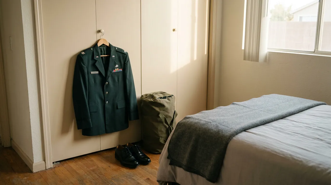 Military Uniform Las Vegas Divorce Household military dress uniform jacket with ribbons hanging beside duffel bag and shoes