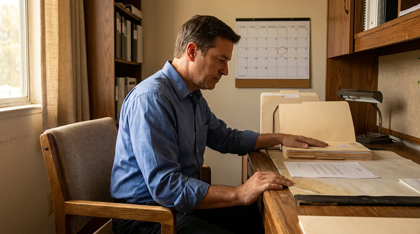 California Workers Comp Settlement Conference Date Circled Calendar Man reviewing manila case folders at wooden desk beside wall calendar