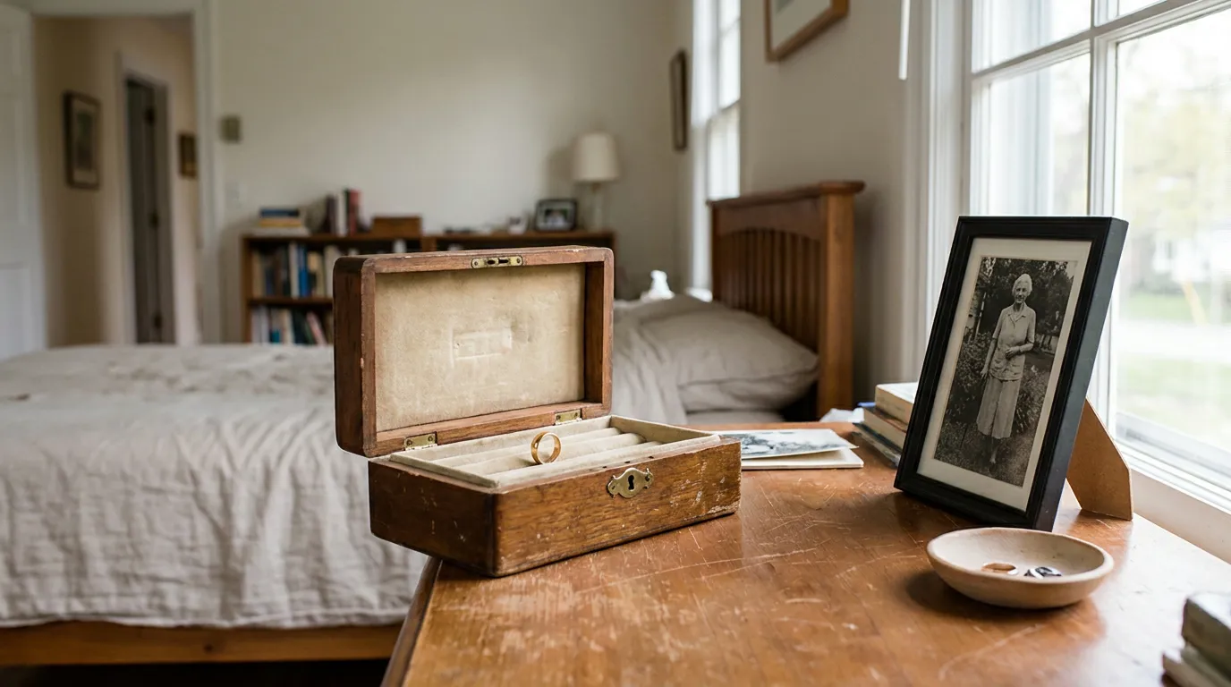 Inherited Jewelry Box Las Vegas Nevada Estate antique wooden jewelry box with ring beside framed family photograph on dresser