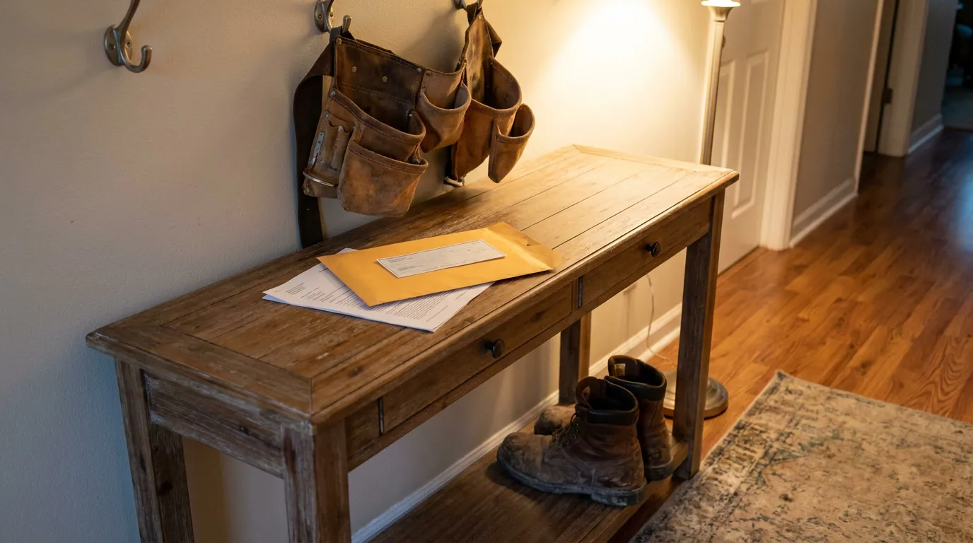Florida Workers Compensation Impairment Check Entryway work boots and tool belt beside legal documents on entryway table
