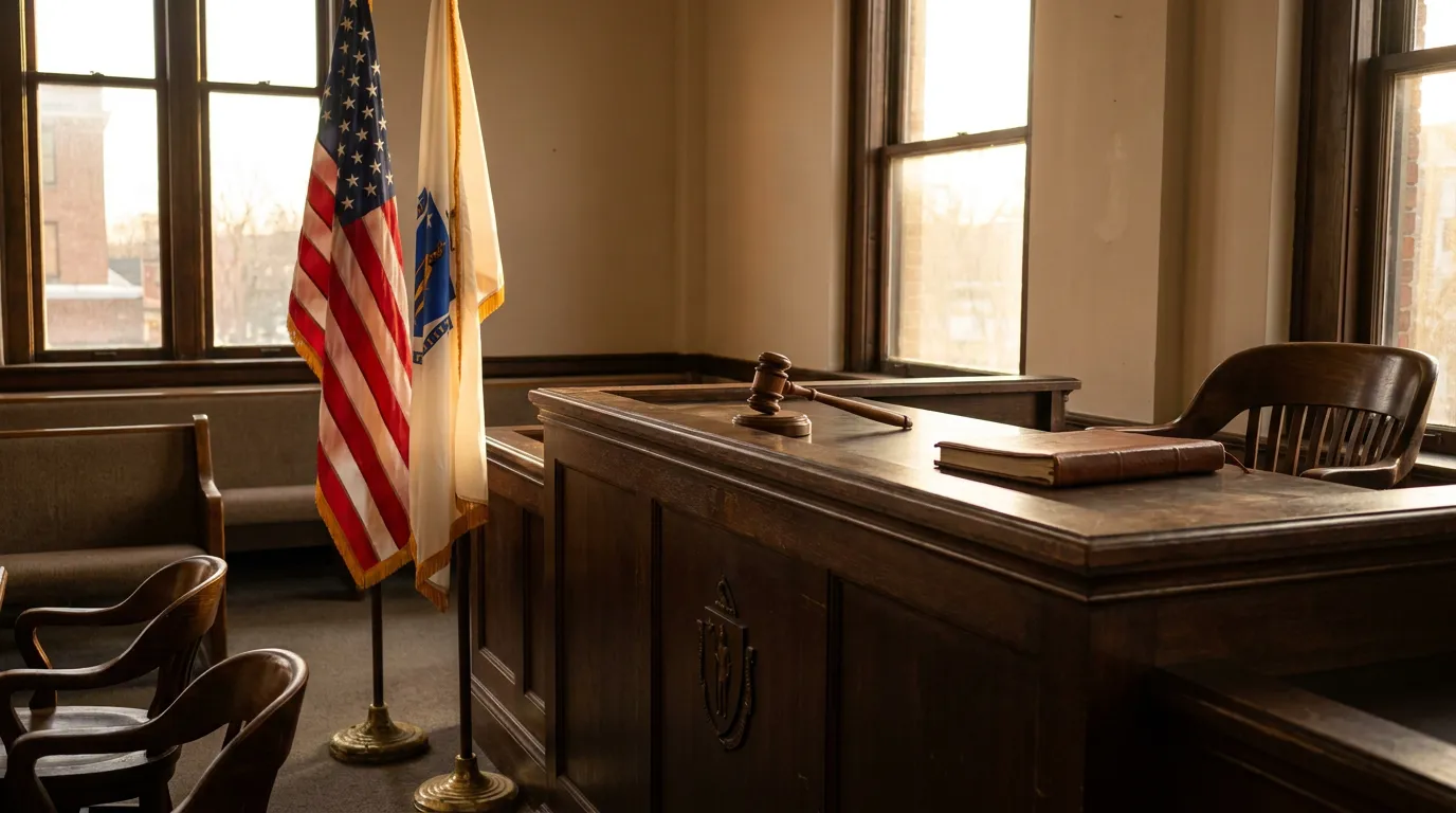 Massachusetts Courtroom Bench With Gavel And Flags Wooden judge's bench with gavel, leather book, American and state flags in courtroom