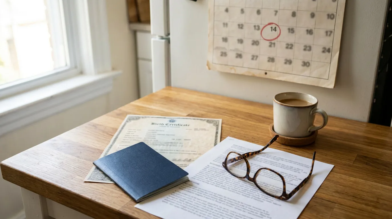 Birth Certificate And Calendar For CSPA Age Calculation Birth certificate, eyeglasses, and document on table beside circled calendar date