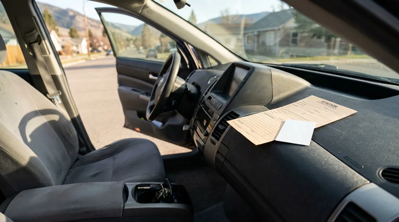 citation form resting on car dashboard beside steering wheel and ignition keys