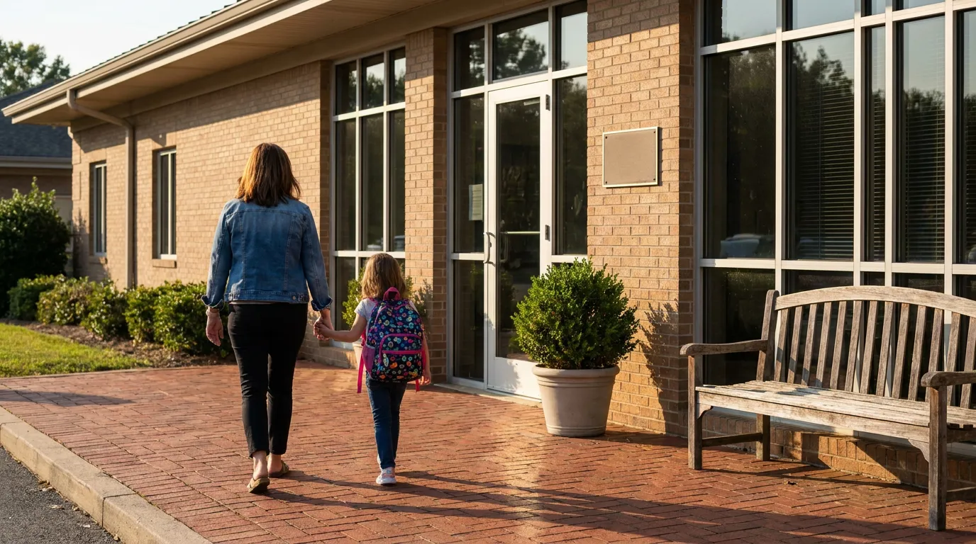 Mother holding child's hand walking toward school entrance with backpack