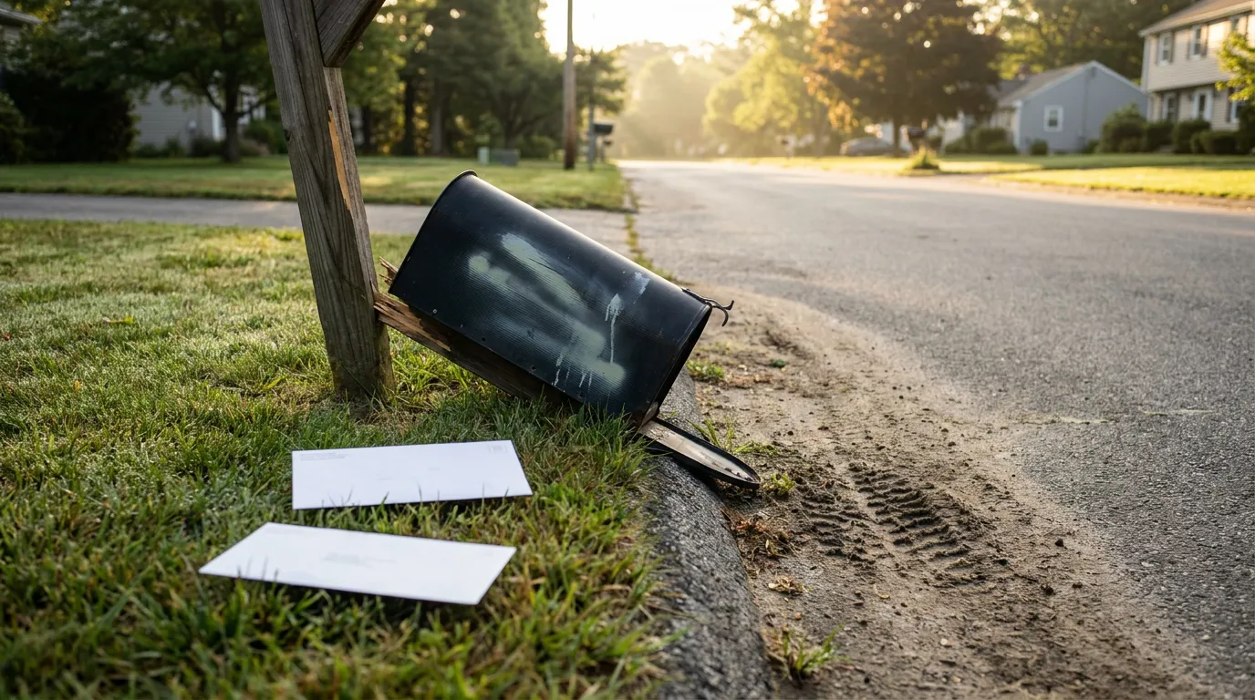 Damaged Mailbox Hit And Run Massachusetts Street Damaged mailbox knocked off post with scattered envelopes beside residential street curb