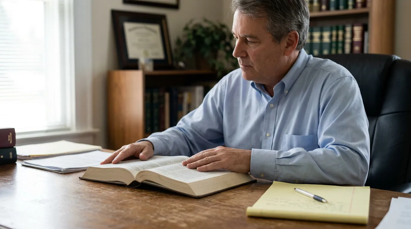 Attorney reviewing open law book at desk with legal pad nearby