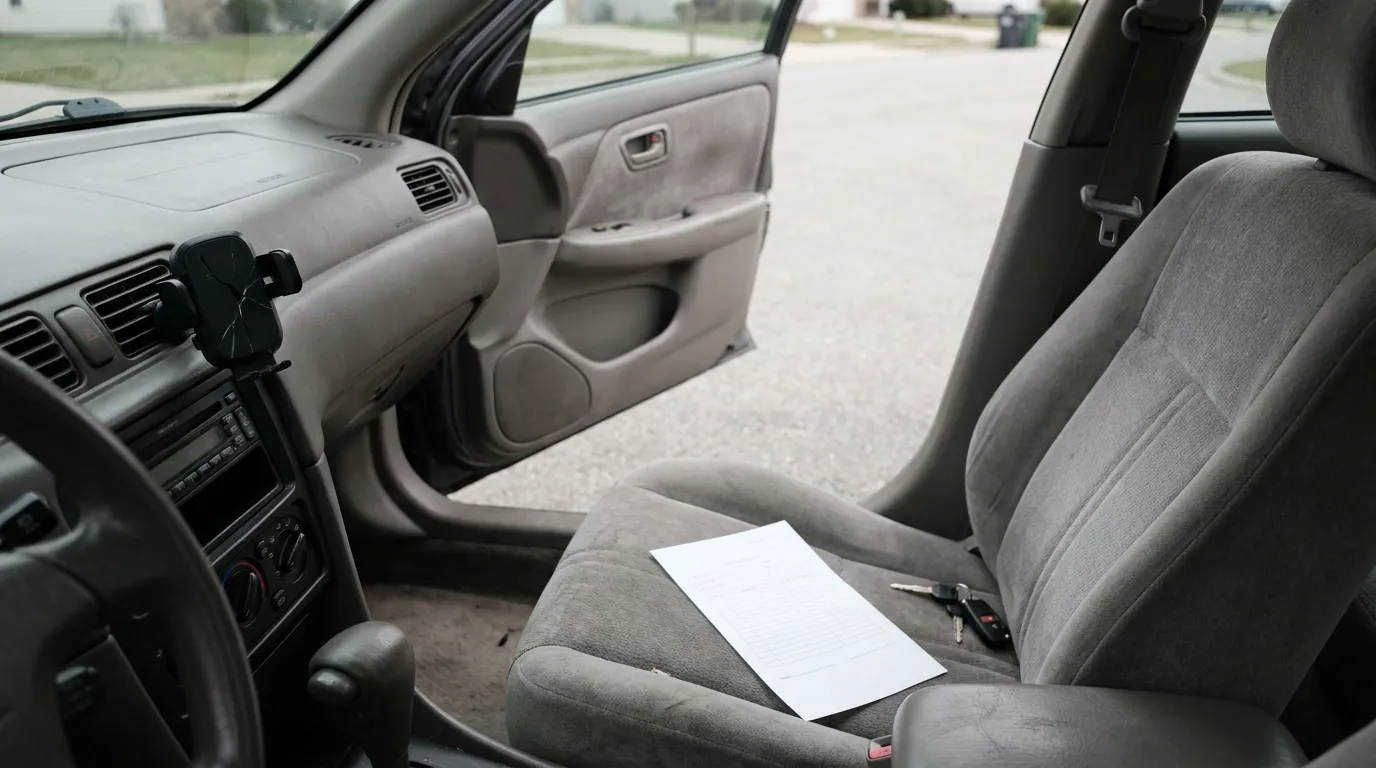 Chicago Rideshare Vehicle Interior With Claim Form Vehicle interior with open door, car keys and document resting on driver seat