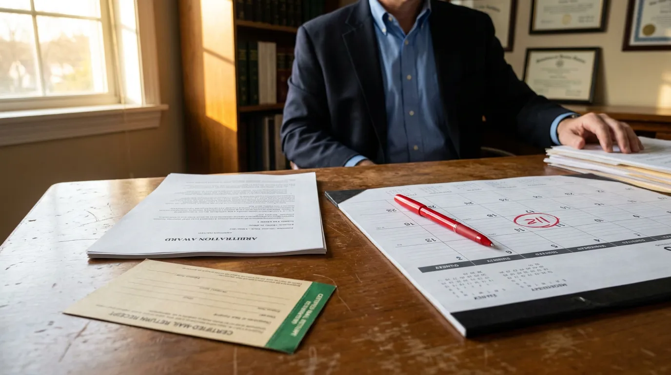 DuPage County Arbitration Award Rejection Deadline Calendar Attorney desk with arbitration award document, circled calendar date, and certified mail receipt