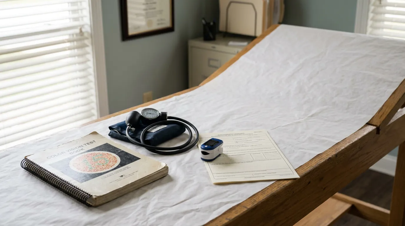 FAA AME Pilot Medical Exam Room United States Color vision test book, blood pressure cuff, and medical form on exam table