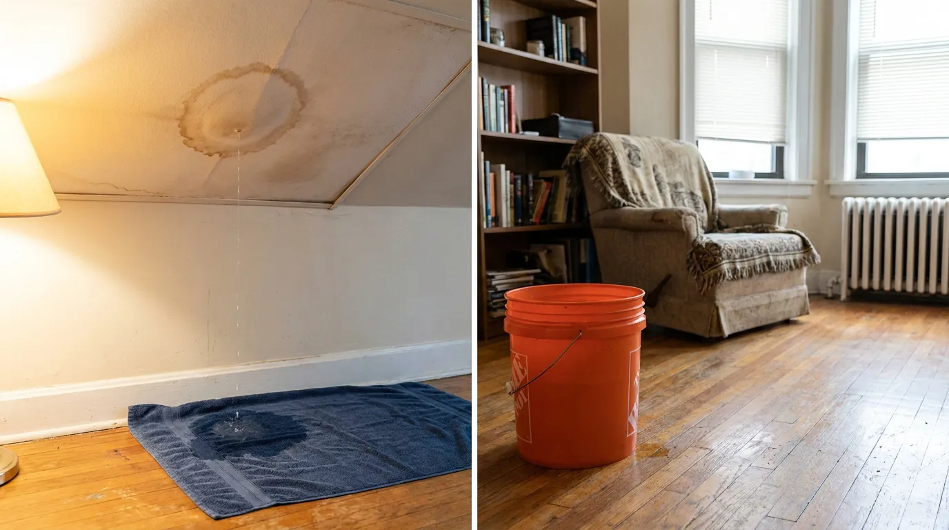 Chicago Apartment Ceiling Leak Unrepaired Water Damage ceiling water stain dripping onto towel beside bucket catching leak indoors