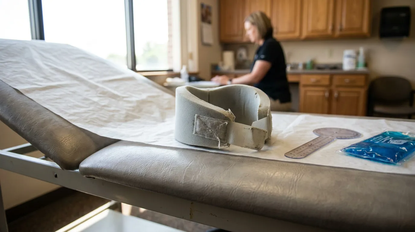 Neck Brace Whiplash Treatment Chicago Clinic Cervical neck brace and ice pack on medical exam table