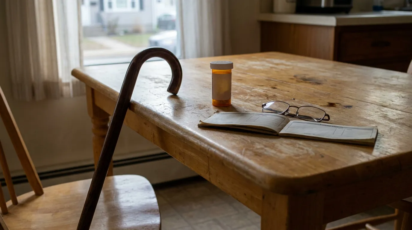 Leominster Chapter 13 Hardship Discharge Medical Illness Symbol Wooden cane, pill bottle, eyeglasses, and open notebook resting on kitchen table