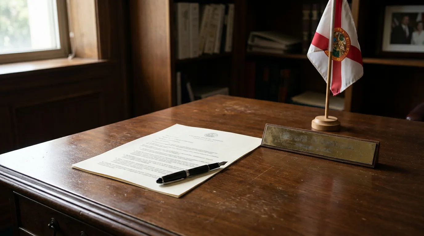 Florida HB 145 Veto Document Desk Florida state flag, fountain pen, and signed document on wooden desk