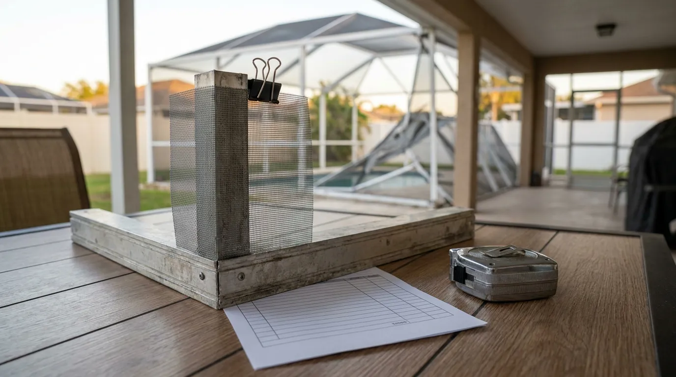 Damaged Pool Cage Screen Florida Insurance Claim damaged pool screen panel with measuring tape and inspection checklist on table