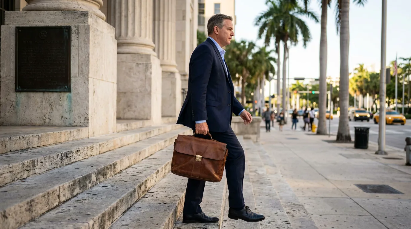 Miami Truck Accident Lawyer Entering Courthouse attorney in navy suit carrying leather briefcase ascending courthouse steps outdoors