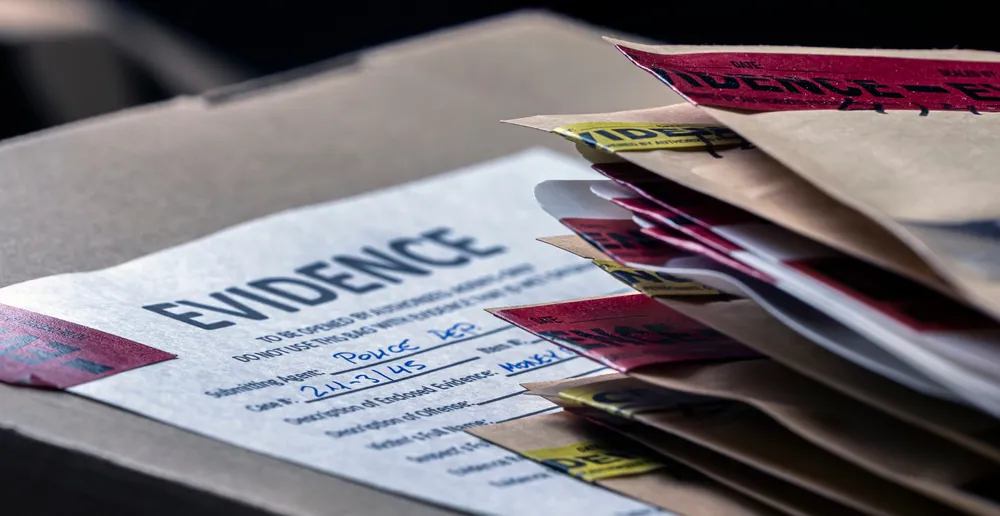 Sealed evidence envelopes stacked beside police evidence bag with case number form