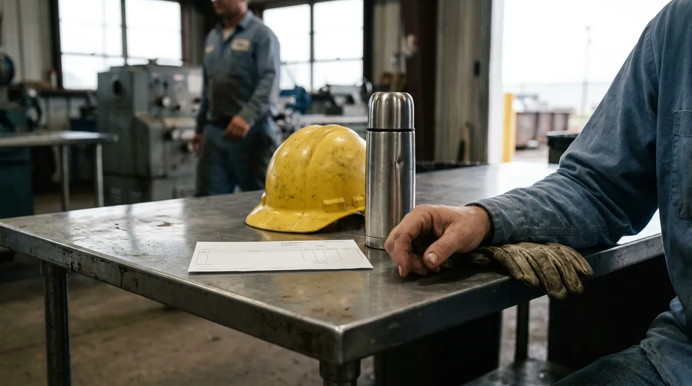 Houma Worker With Hard Hat And Pay Stub Worker's hand rests near hard hat, gloves, and form on workbench