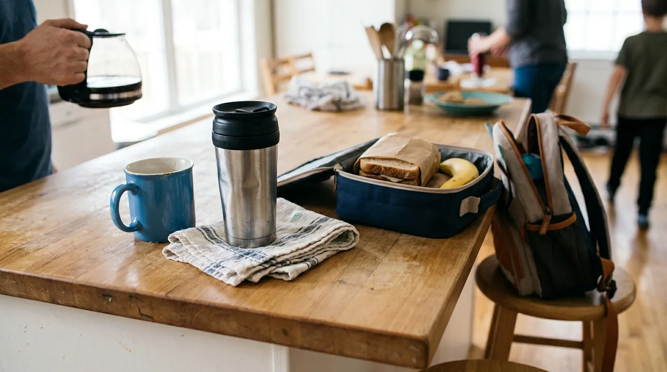 Texas Family Morning Routine Child Custody packed lunch box with sandwich, banana, travel mug, and school backpack