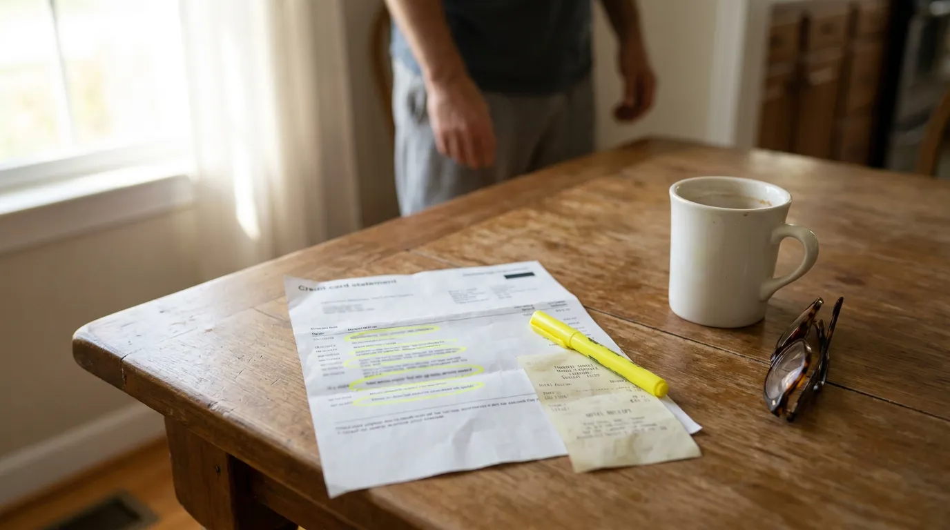Texas Adultery Evidence Credit Card Statement credit card statement with highlighted charges, receipt, and highlighter on wooden table