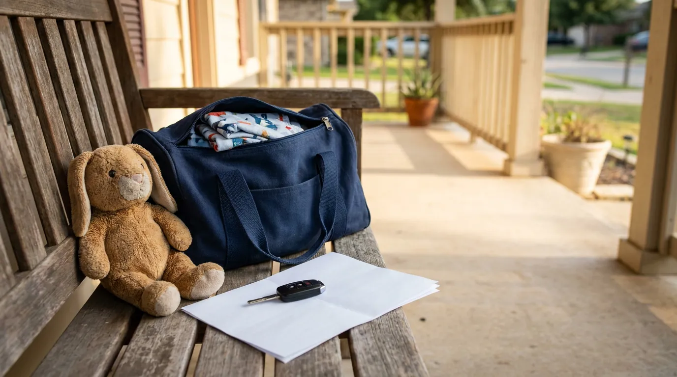 Child Custody Exchange Bag Texas Porch packed duffel bag, stuffed rabbit toy, car key, and documents on porch bench
