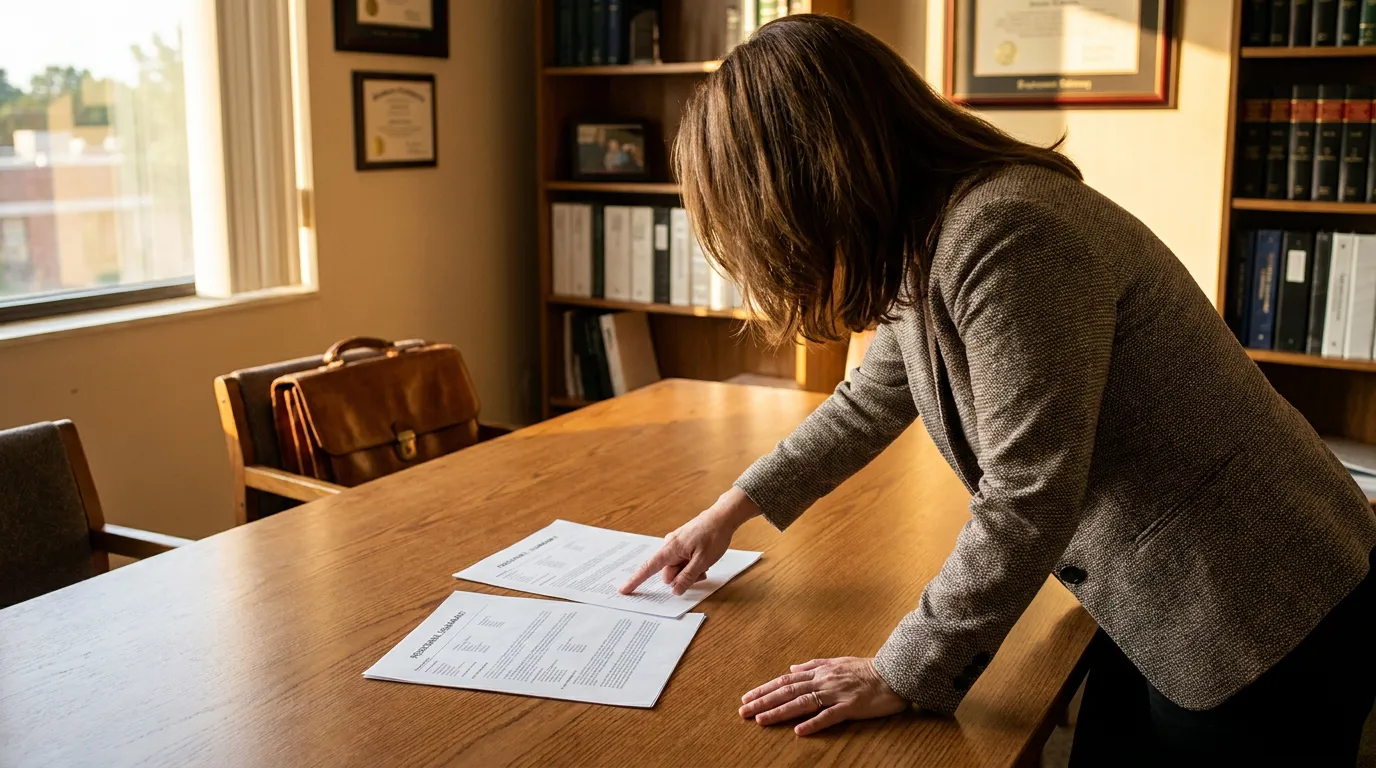 California Attorney Reviewing Pretextual Termination Evidence Documents attorney reviewing document pages on wooden table beside leather briefcase