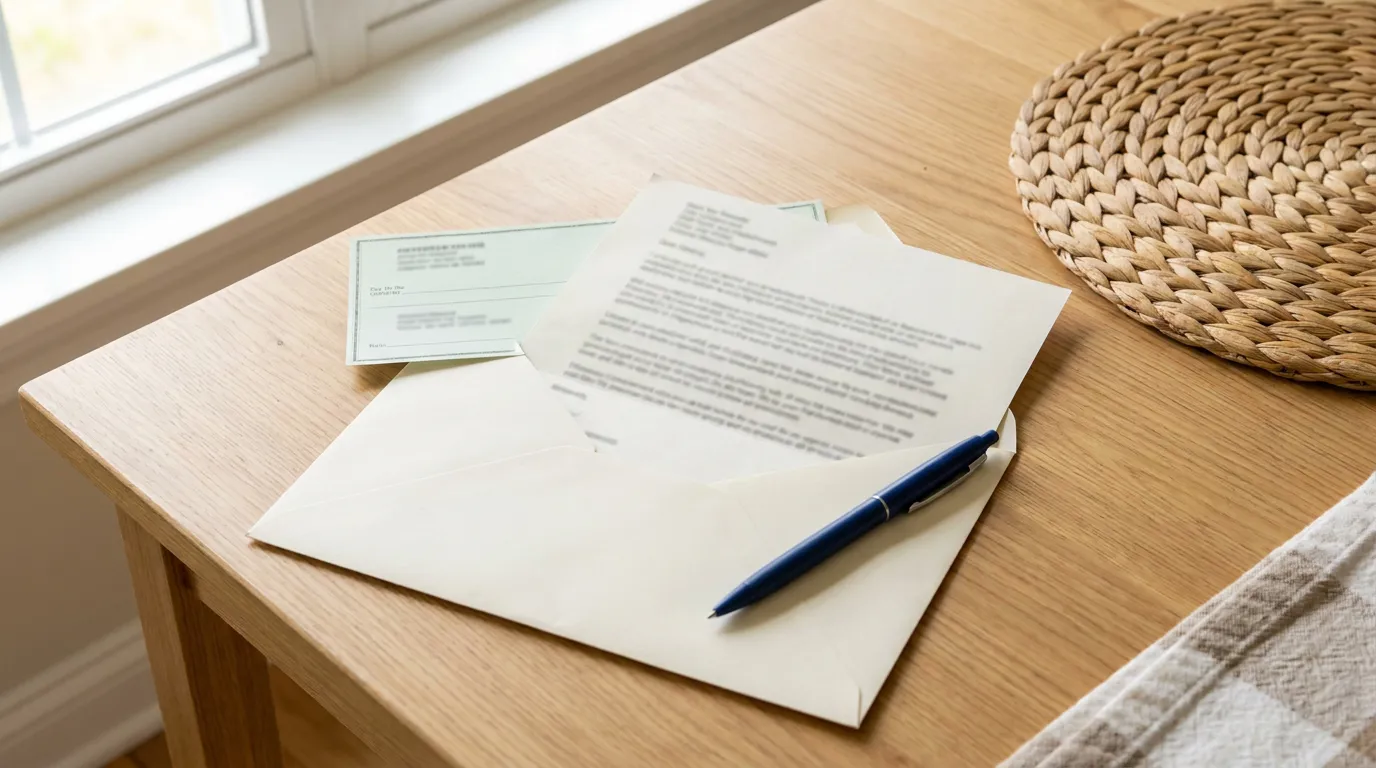 California Post Employment Retaliation Letter On Desk opened envelope with letter, card, and pen resting on wooden table