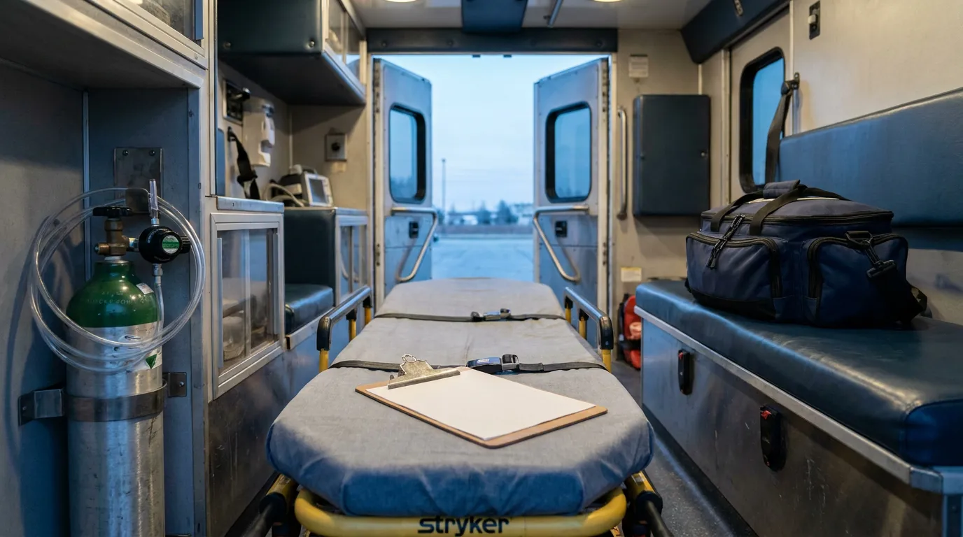 Ambulance Interior Fort Lauderdale Emergency Medical Condition Empty ambulance interior with Stryker stretcher, clipboard, oxygen tank, and medical bag