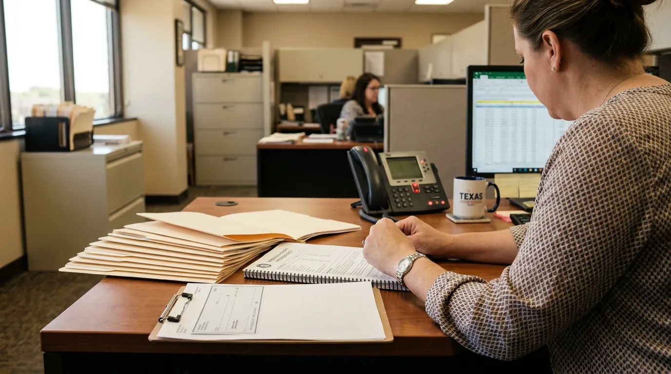 Mortgage Office Processing Insurance Check Houston Texas office worker reviewing manila folders and spreadsheet at desk with Texas mug