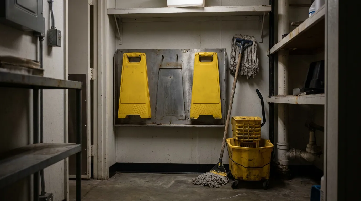 Wet floor caution signs, mop, and yellow bucket in janitorial closet