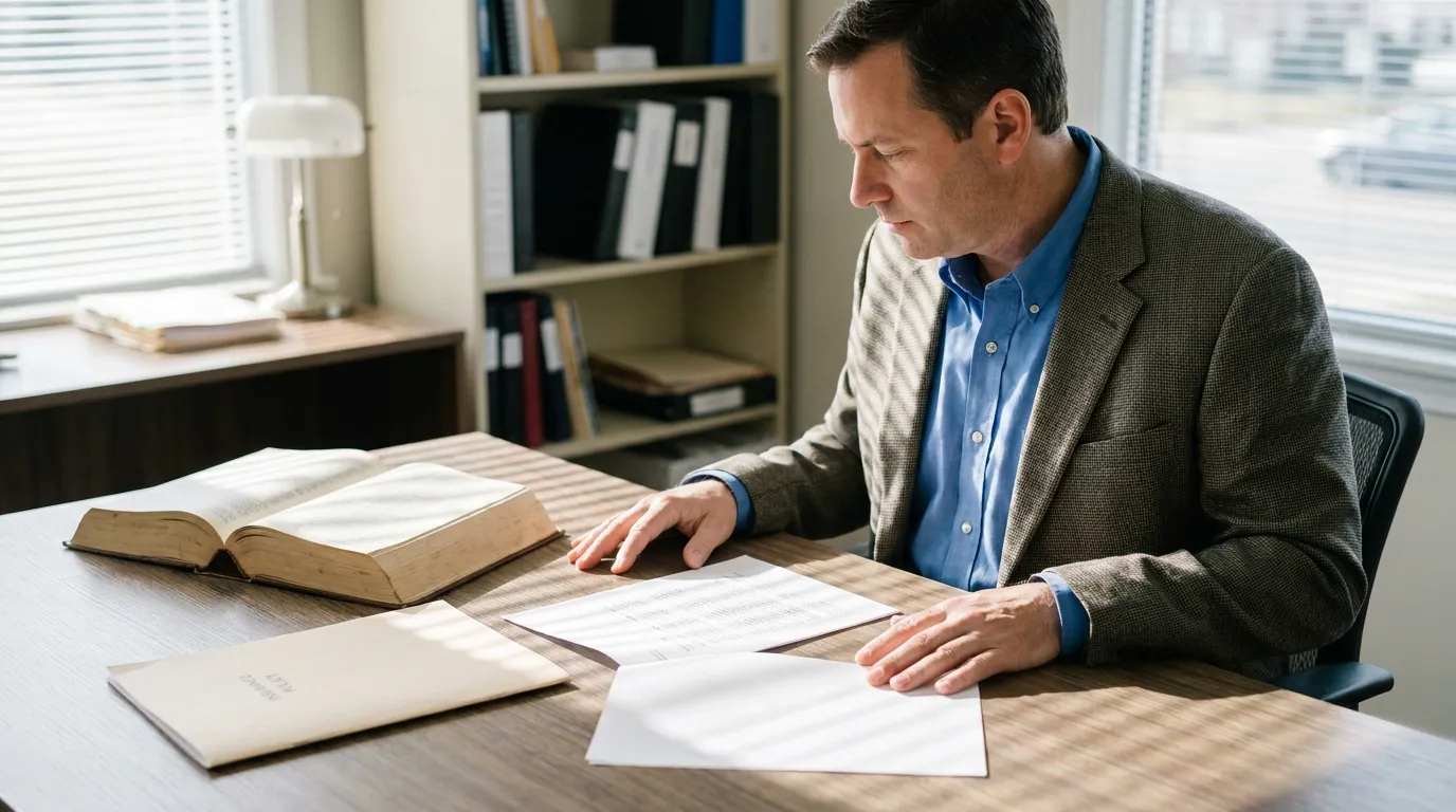 Houston Attorney Reviewing Texas Denial Letter attorney reviewing legal documents beside open law book at desk
