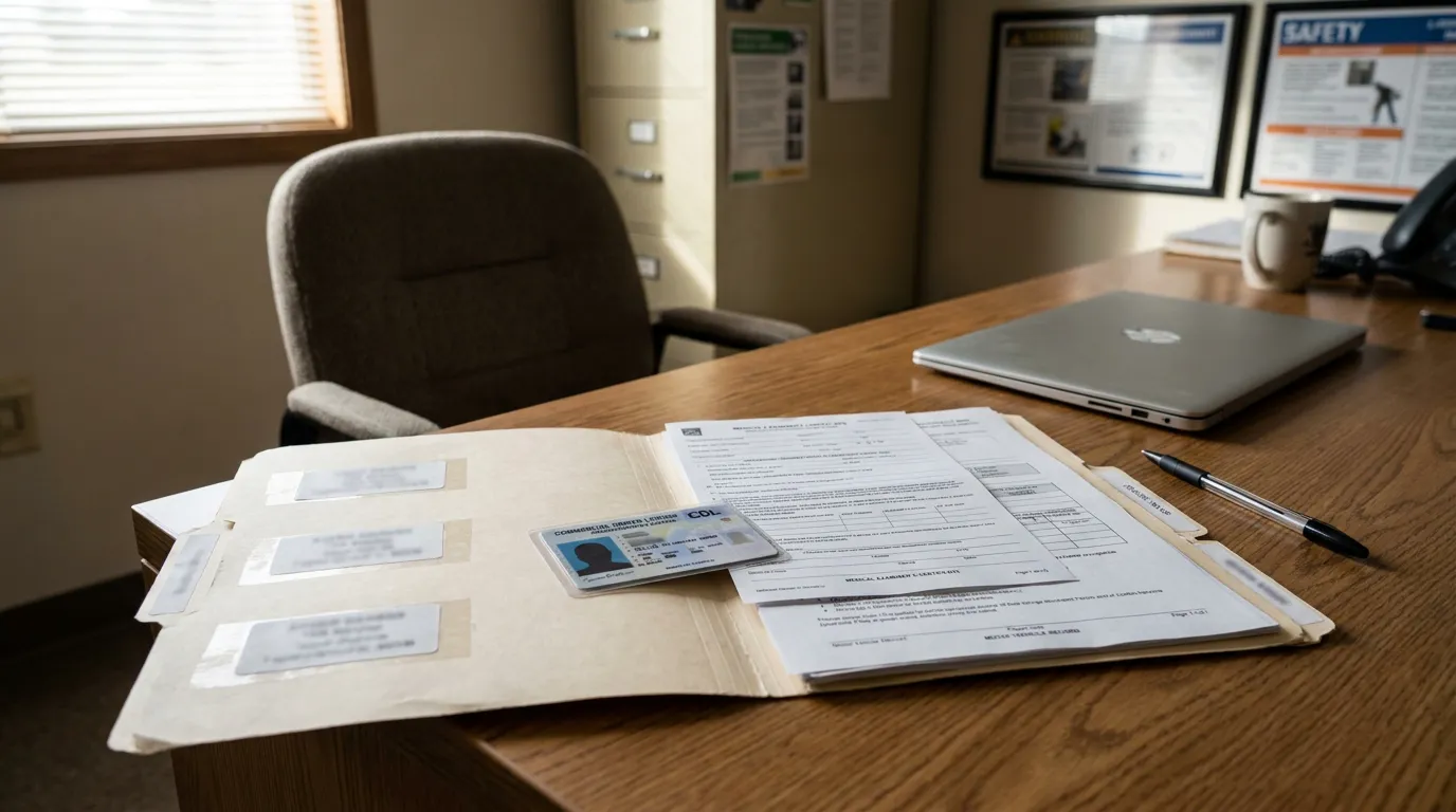 open file folder with CDL license, medical examiner certificate, and pen on desk