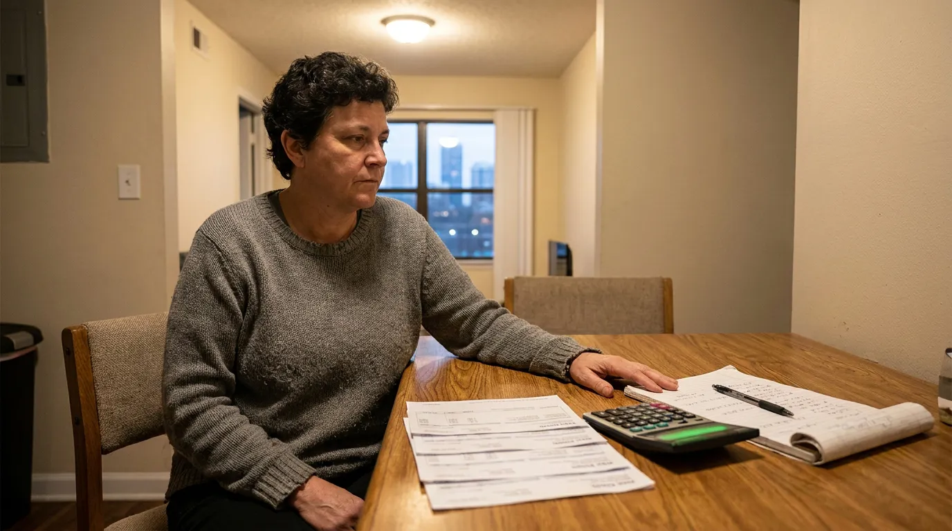 Woman sits at table with bills, calculator, and handwritten notebook calculations
