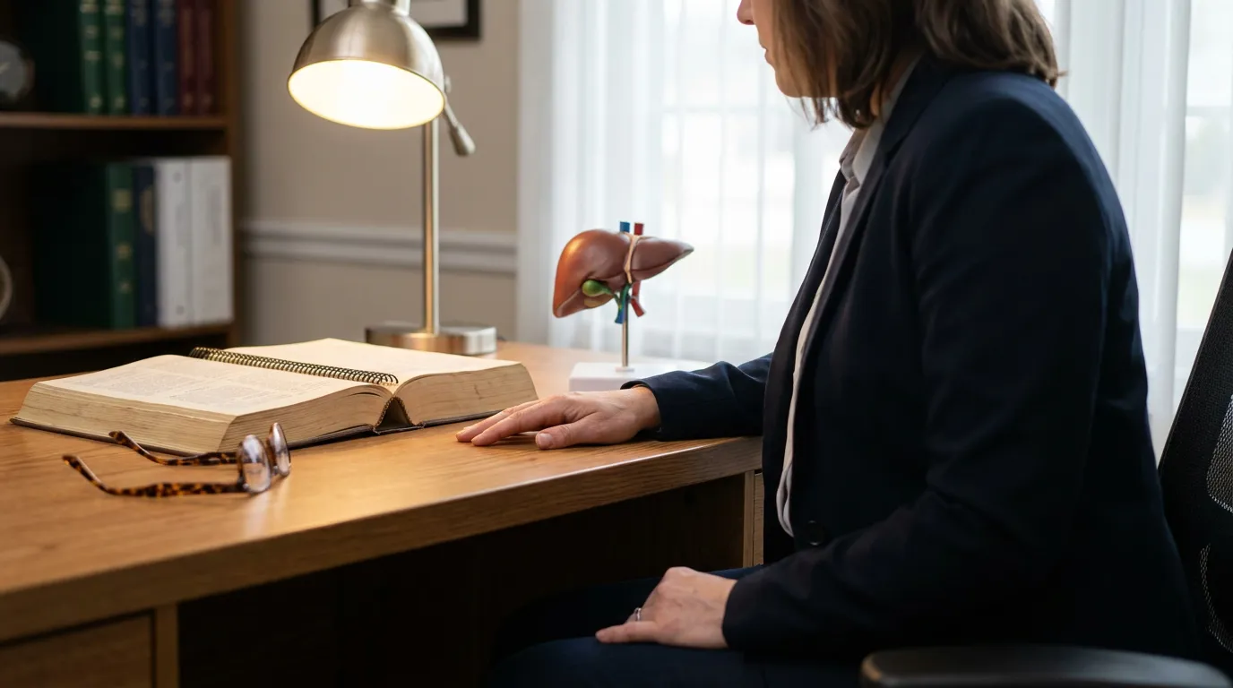 Illinois Attorney Reviewing Bile Duct Injury Case Attorney at desk with open law book and liver anatomy model