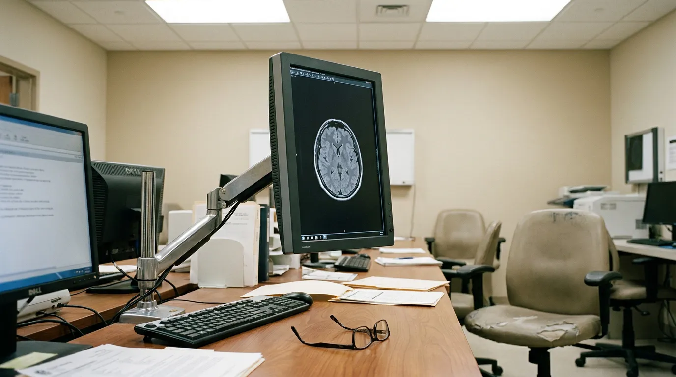 Brain Scan Review Illinois Stroke Misdiagnosis Case Brain MRI scan displayed on monitor at medical office workstation with eyeglasses