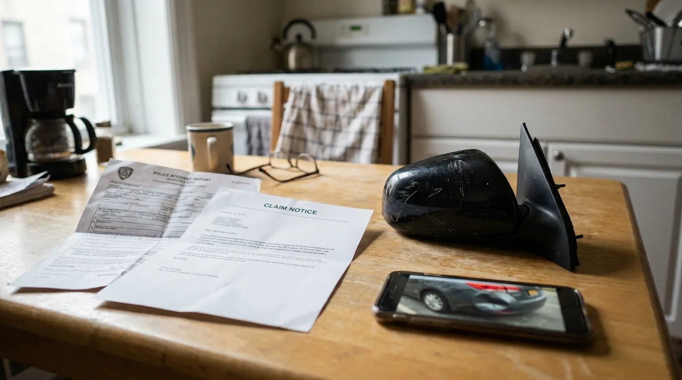 New York Hit And Run MVAIC Claim Documents police accident report, claim notice, and broken side mirror on kitchen table