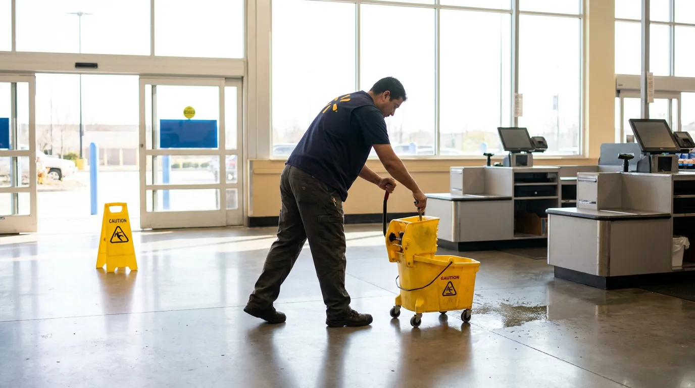 store employee mopping floor near wet caution sign by checkout counters