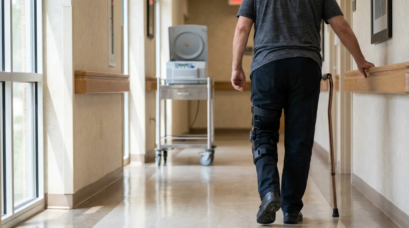 Houston Patient Recovering From Regenerative Therapy Injury patient wearing leg brace walks hallway using cane and handrail support