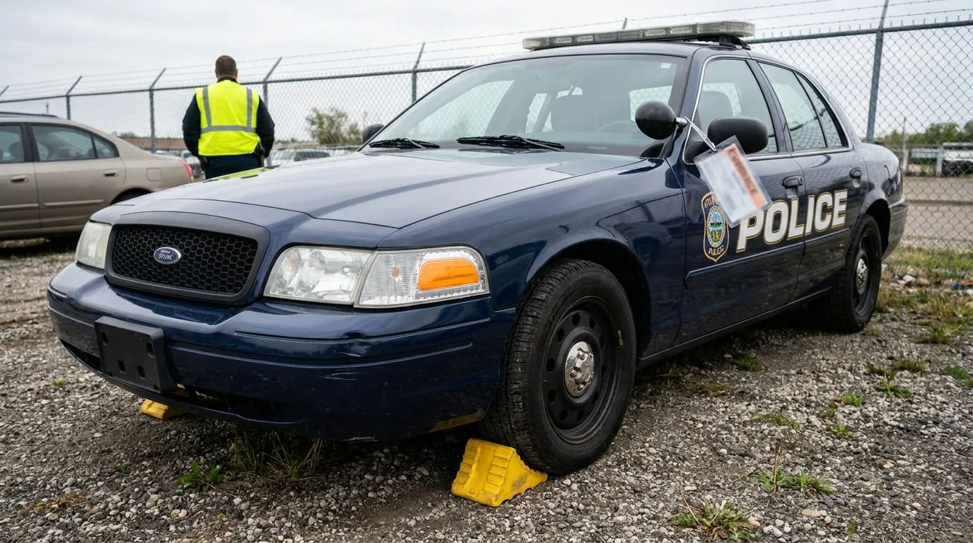 Memphis Police Car Crash Claim Investigation Police Ford Crown Victoria cruiser with door shield parked at impound lot