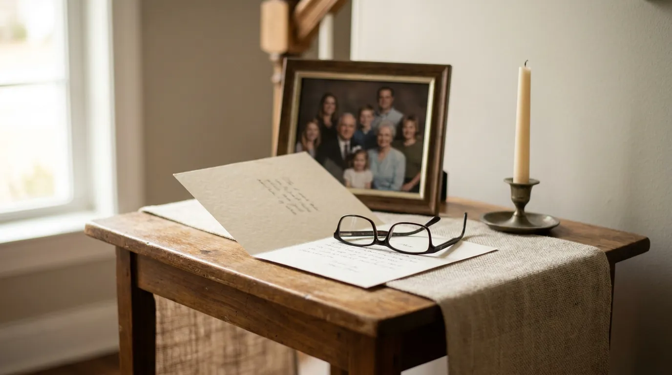 Memphis Family Memorial Table Wrongful Death Beneficiaries framed family portrait, handwritten letter, and eyeglasses on wooden side table