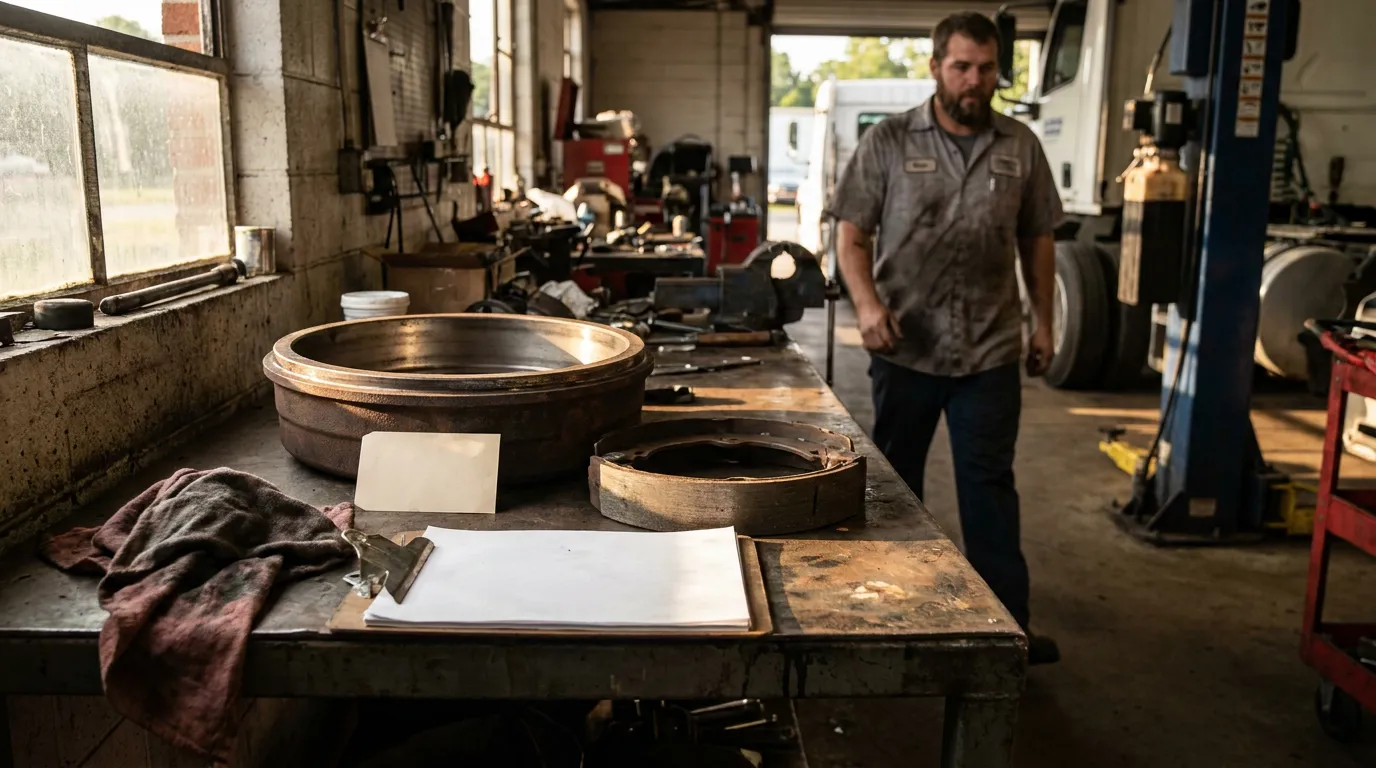 Memphis Truck Mechanic Inspecting Brake Drum Parts Mechanic walking past workbench with brake drum and truck in repair shop