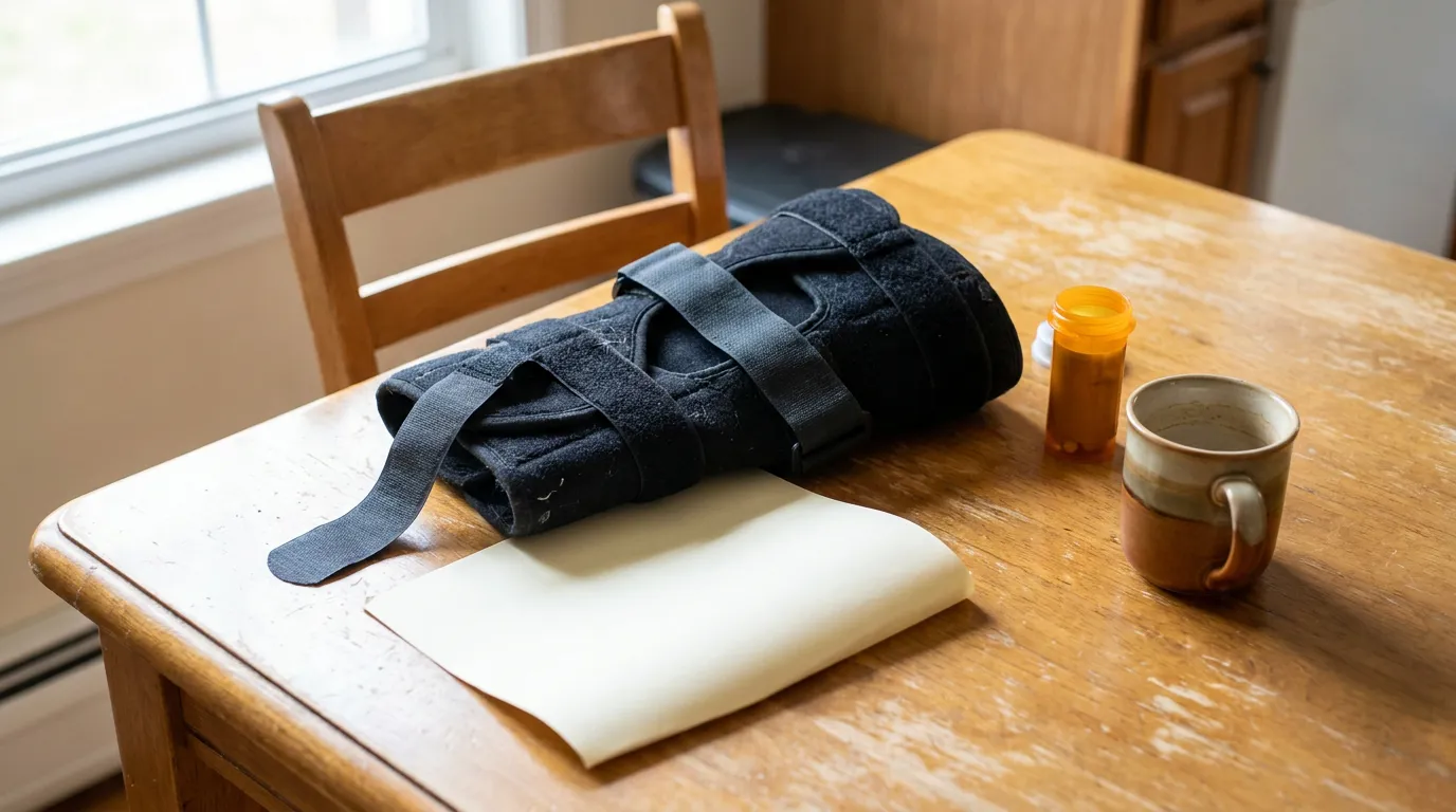 Alaska Knee Brace Recovery Slip And Fall Injury knee brace, pill bottle, and mug resting on wooden kitchen table