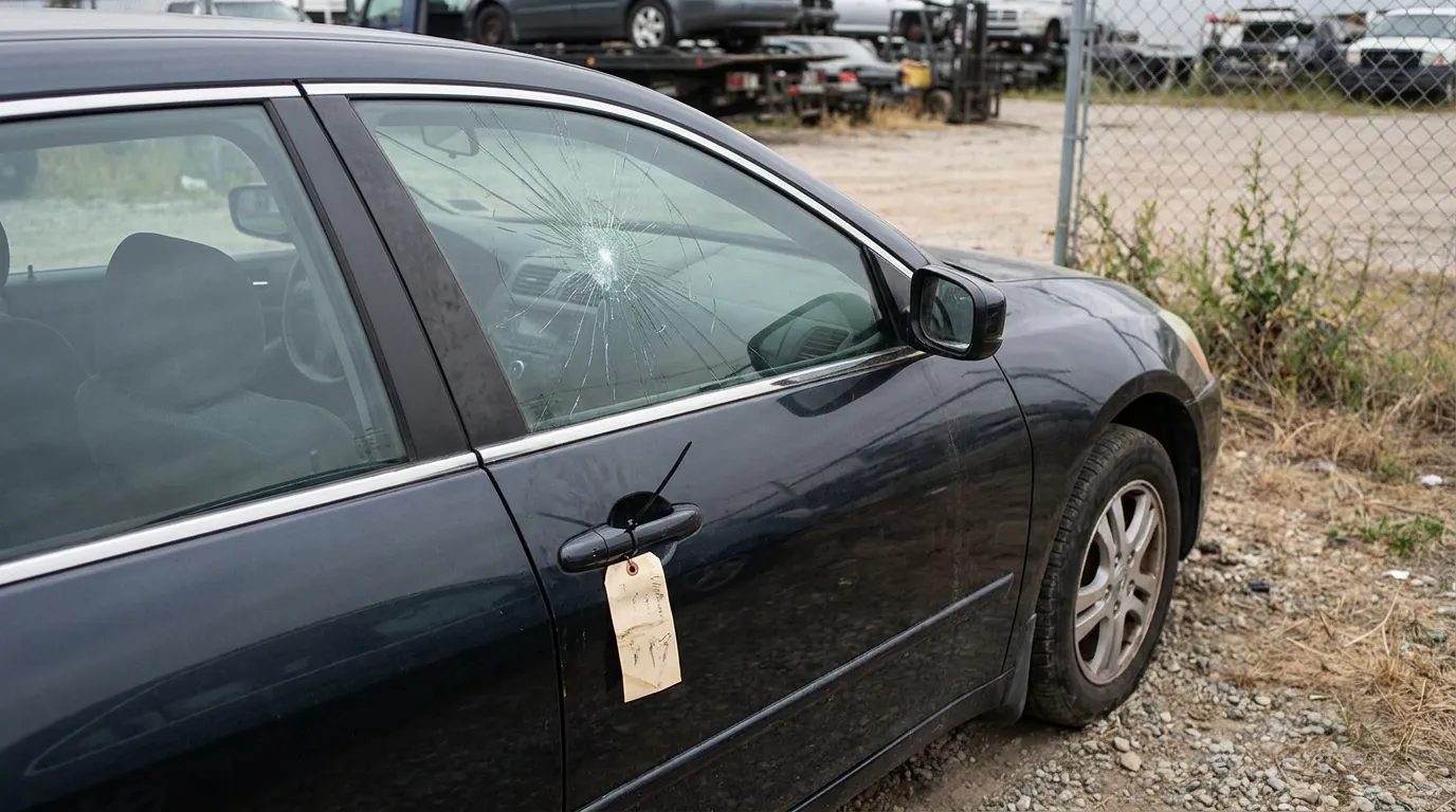 Cracked Car Window After Alaska Crash Shattered car window with spiderweb crack and door handle claim tag