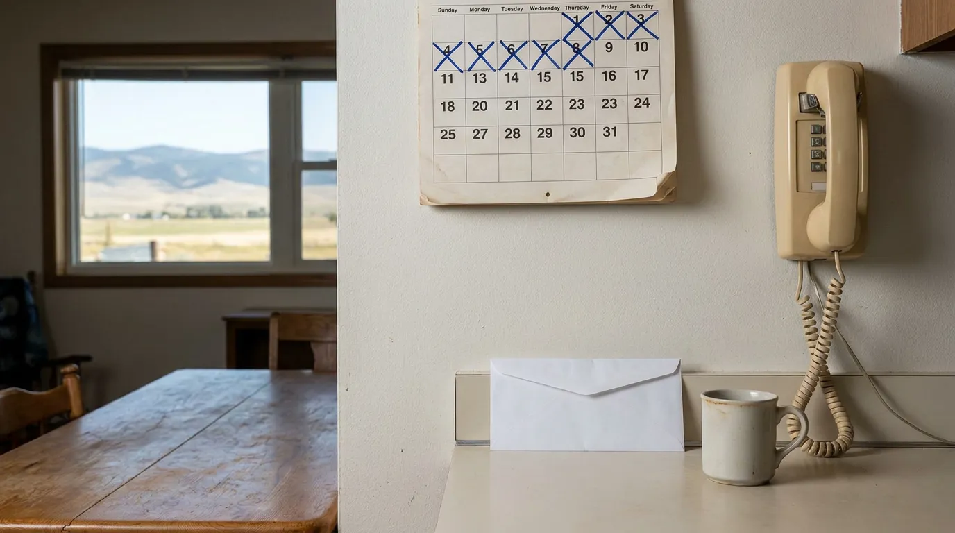 Wall calendar with crossed-off days beside wall phone, envelope, and coffee mug