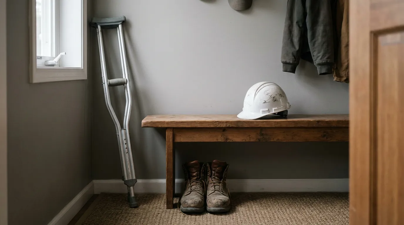 Metal crutch beside wooden bench with hard hat and work boots